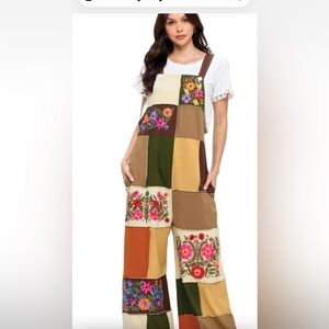 Yak & Yeti 26309 Boho Multi-Color Floral Embroidered Patchwork Overall
